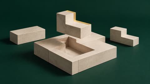 Cremefarbene Architekturbausteine auf dunkelgrünem Grund: Ein Baustein schwebt über einer Aussparung als Sinnbild für die passende CRM-Auswahl.